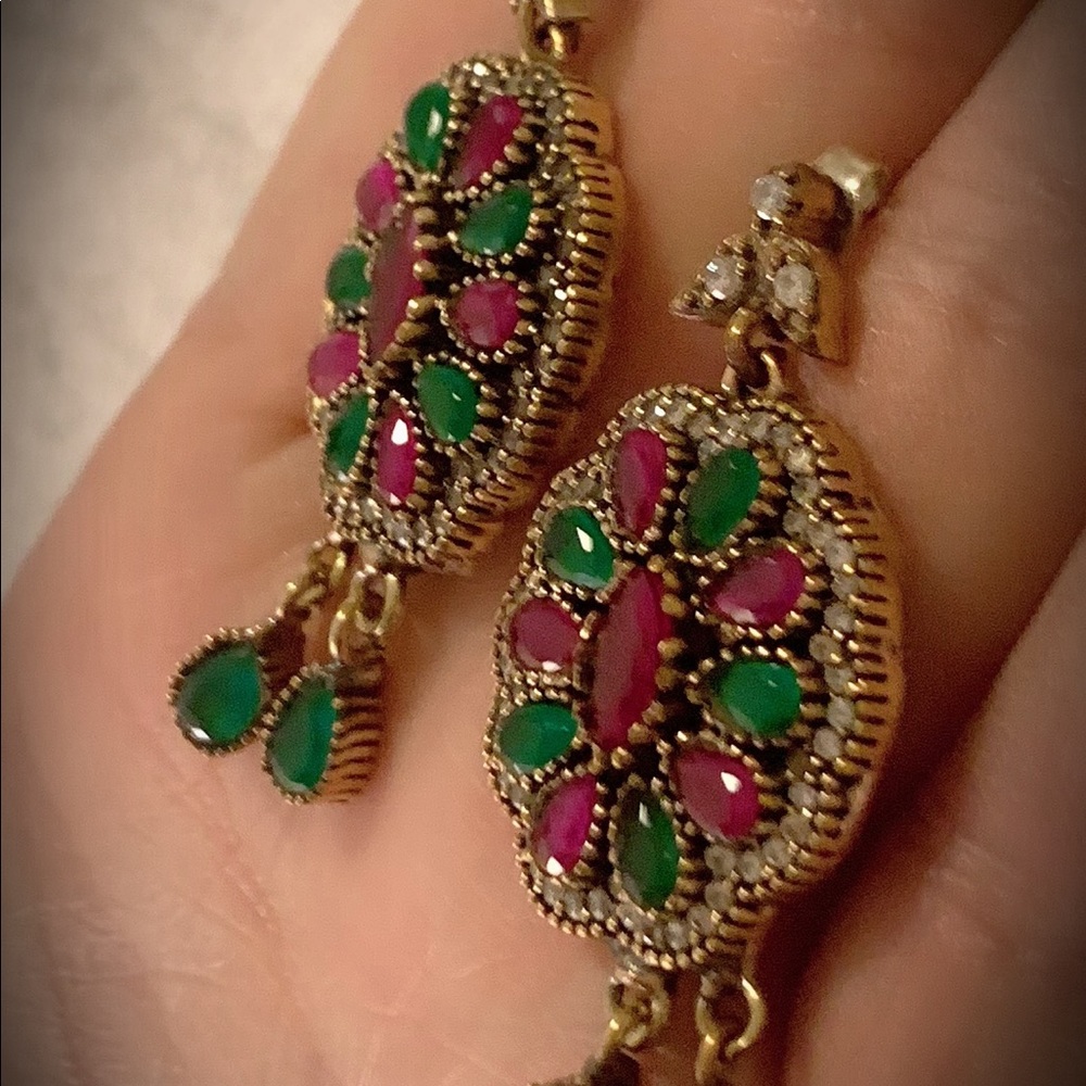 Ruby Emerald Dangle Earrings Solid 925 Silver/Gold - image 7
